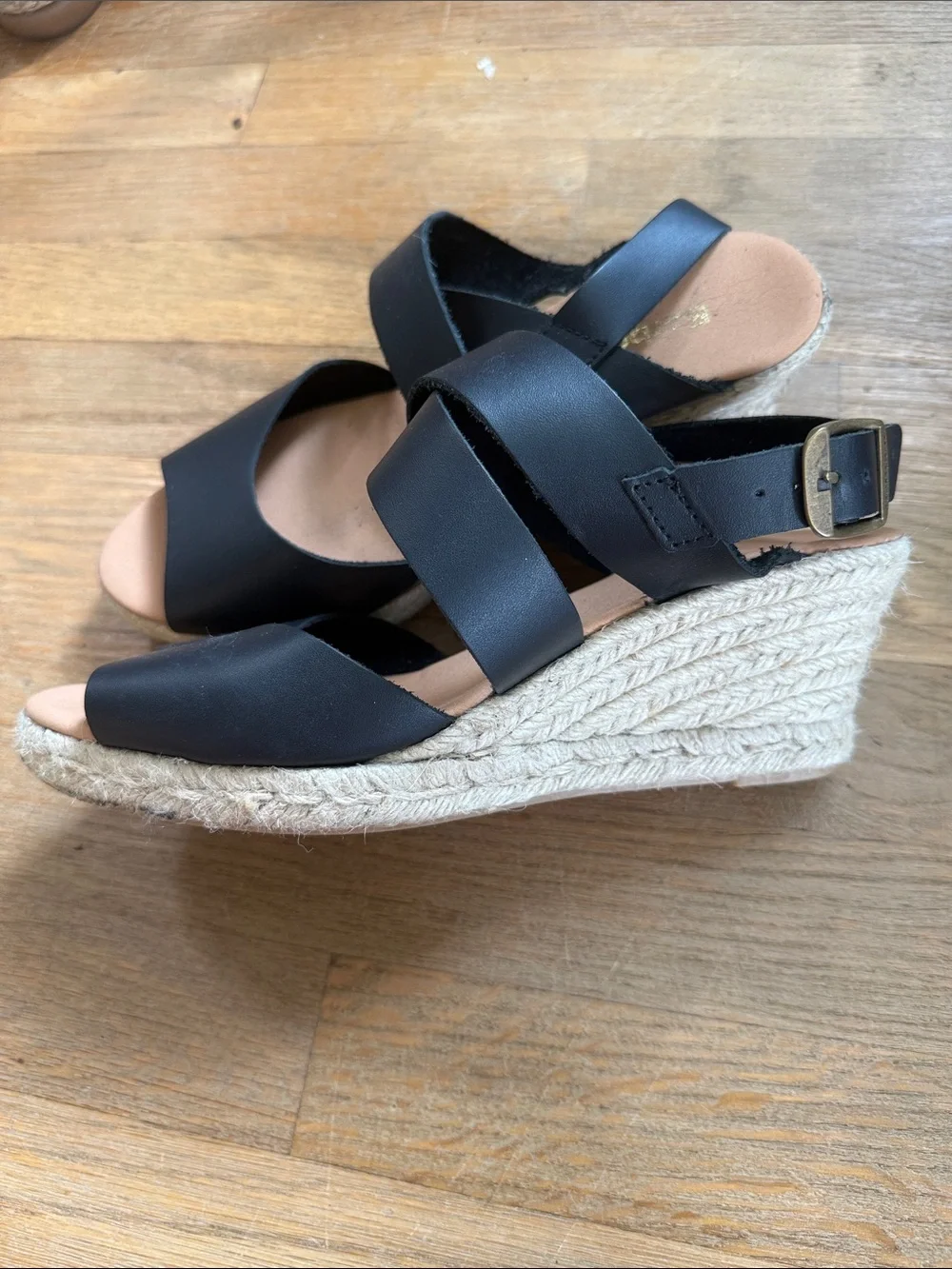 Barbour Black Leather Strappy Sandals with Tan Footbed